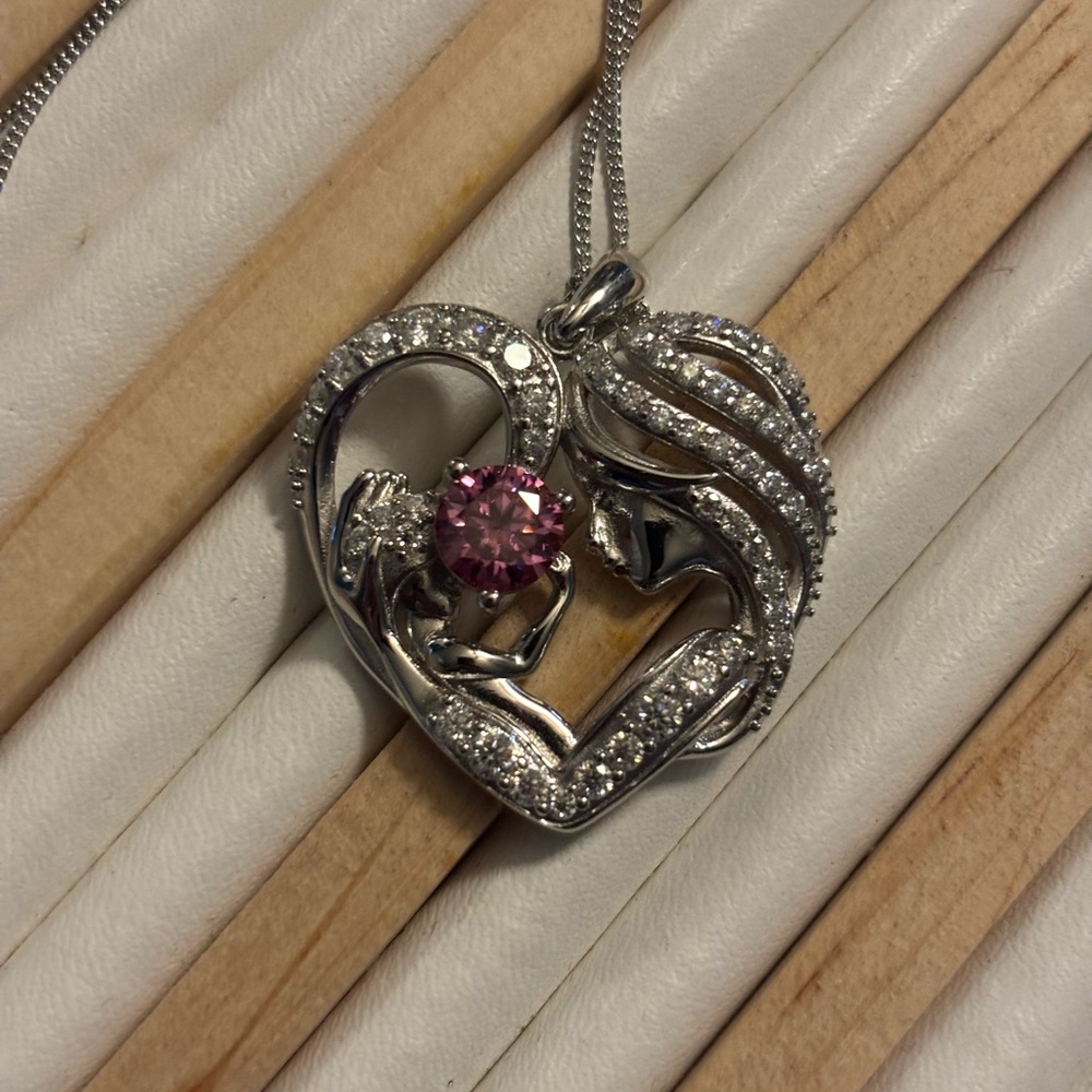 Pink Moissanite Mother And Child Heart Necklace